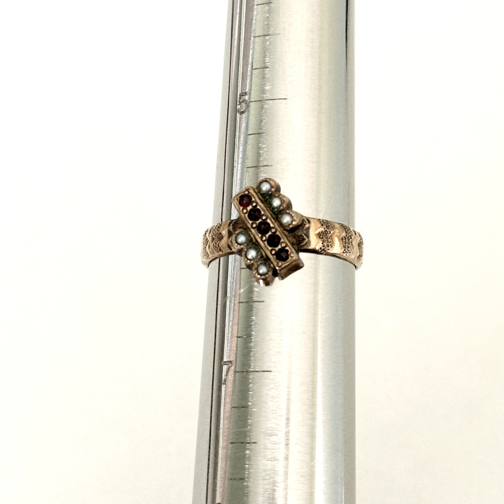 Antique Victorian 14K Yellow Gold Garnet & Seed Pearl Ring Size 6 - Picture 6 of 12